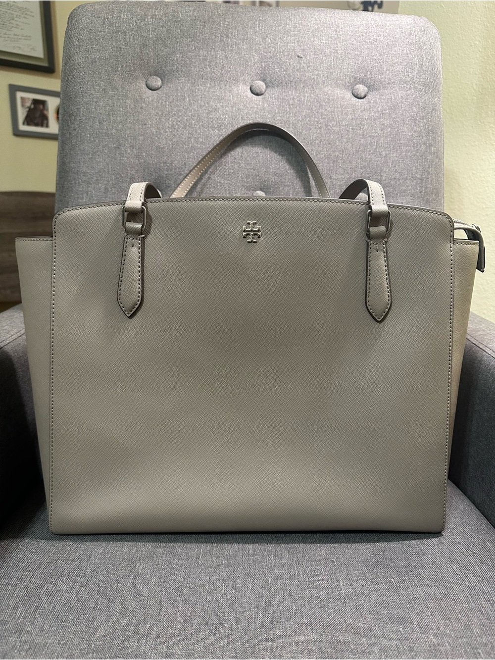 Tory Burch Light Gray Structured Saffiano Tote